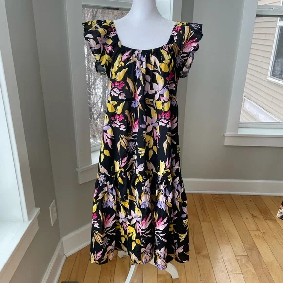 Time and Tru Black Pink Yellow Floral Cotton Off the Shoulder Tiered Maxi Dress - Picture 7 of 11